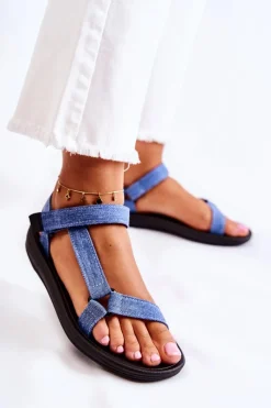 Discount Klasyczne Damskie Sandały Na Rzepy Niebieskie Kalla Damskie Sandały Płaskie