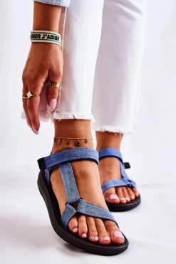 Discount Klasyczne Damskie Sandały Na Rzepy Niebieskie Kalla Damskie Sandały Płaskie