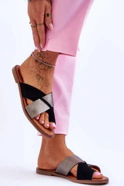 Best Evento Klasyczne Damskie Skórzane Klapki Czarno-Platynowe Nancy