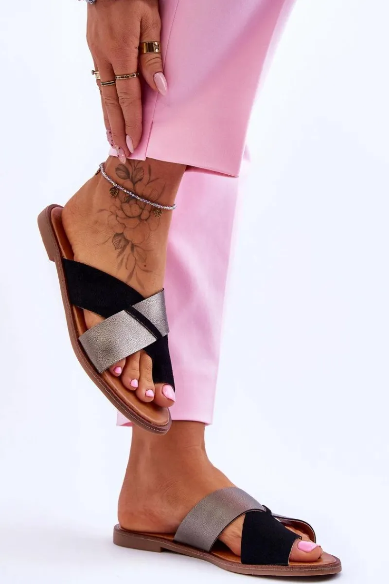 Best Evento Klasyczne Damskie Skórzane Klapki Czarno-Platynowe Nancy