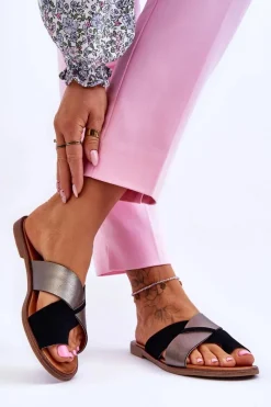 Best Evento Klasyczne Damskie Skórzane Klapki Czarno-Platynowe Nancy