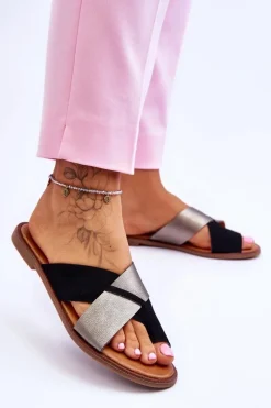 Best Evento Klasyczne Damskie Skórzane Klapki Czarno-Platynowe Nancy