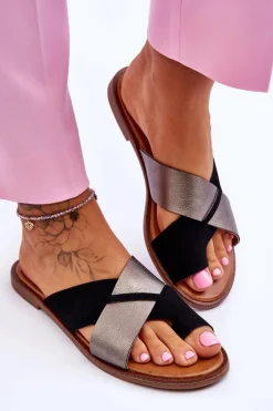 Best Evento Klasyczne Damskie Skórzane Klapki Czarno-Platynowe Nancy