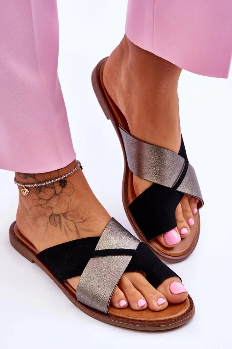 Best Evento Klasyczne Damskie Skórzane Klapki Czarno-Platynowe Nancy