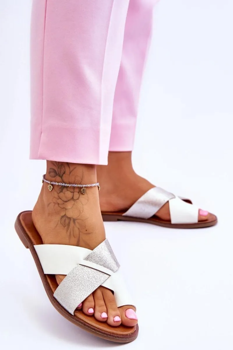 Outlet Klasyczne Damskie Skórzane Klapki Biało-Srebrne Nancy Damskie Klapki Damskie Klasyczne