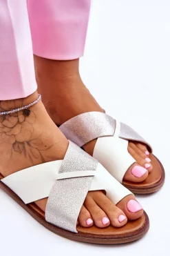 Outlet Klasyczne Damskie Skórzane Klapki Biało-Srebrne Nancy Damskie Klapki Damskie Klasyczne