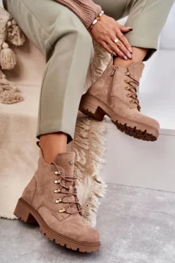 Botki Wiosenne|Botki Sznurowane>Damskie buty S.Barski Klasyczne Damskie Zamszowe Botki Beżowe Telma