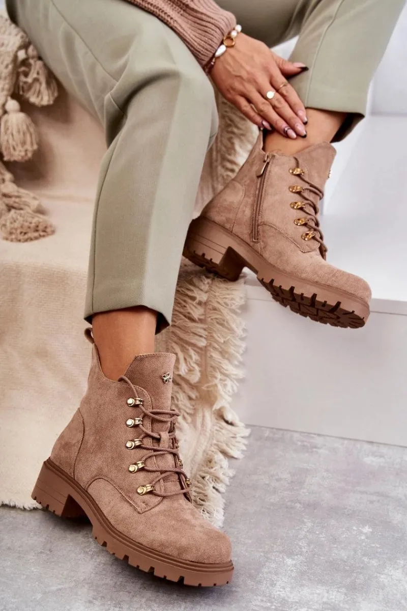 Botki Wiosenne|Botki Sznurowane>Damskie buty S.Barski Klasyczne Damskie Zamszowe Botki Beżowe Telma