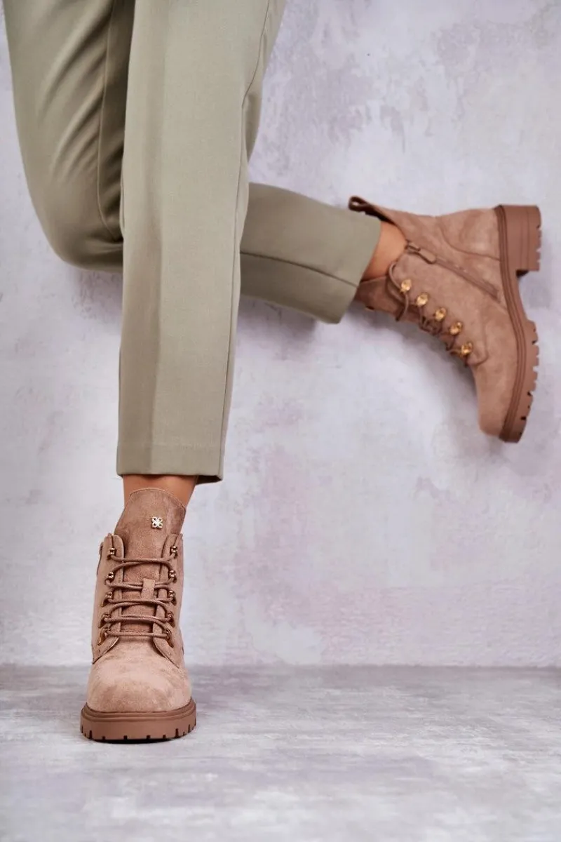 Botki Wiosenne|Botki Sznurowane>Damskie buty S.Barski Klasyczne Damskie Zamszowe Botki Beżowe Telma