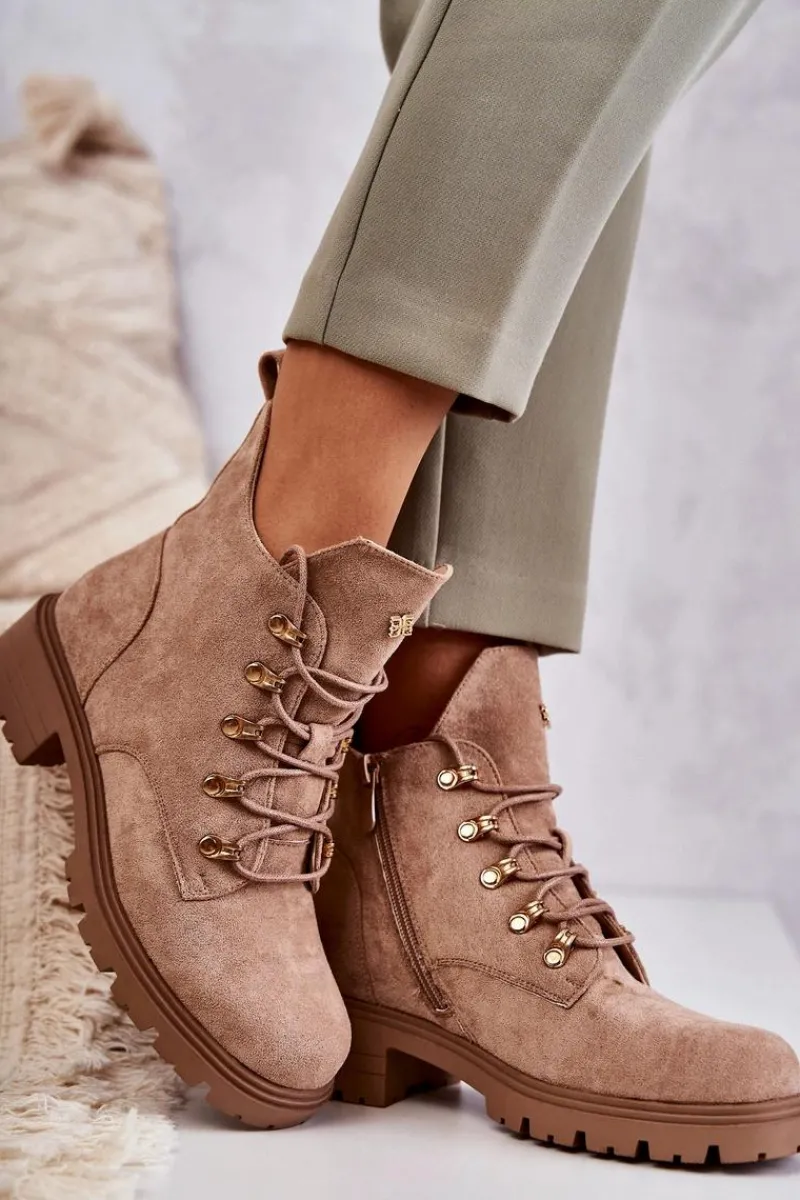Botki Wiosenne|Botki Sznurowane>Damskie buty S.Barski Klasyczne Damskie Zamszowe Botki Beżowe Telma