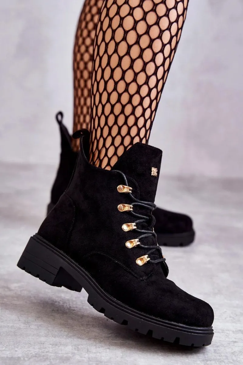 Hot Klasyczne Damskie Zamszowe Botki Czarne Telma Damskie Botki Wiosenne|Botki Sznurowane