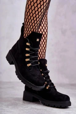 Hot Klasyczne Damskie Zamszowe Botki Czarne Telma Damskie Botki Wiosenne|Botki Sznurowane