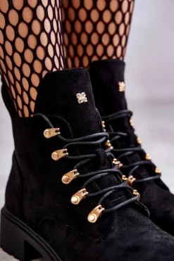 Hot Klasyczne Damskie Zamszowe Botki Czarne Telma Damskie Botki Wiosenne|Botki Sznurowane