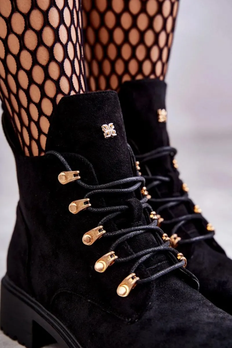 Hot Klasyczne Damskie Zamszowe Botki Czarne Telma Damskie Botki Wiosenne|Botki Sznurowane