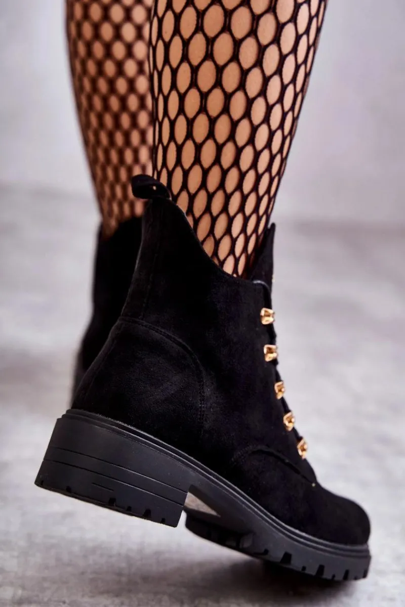 Hot Klasyczne Damskie Zamszowe Botki Czarne Telma Damskie Botki Wiosenne|Botki Sznurowane