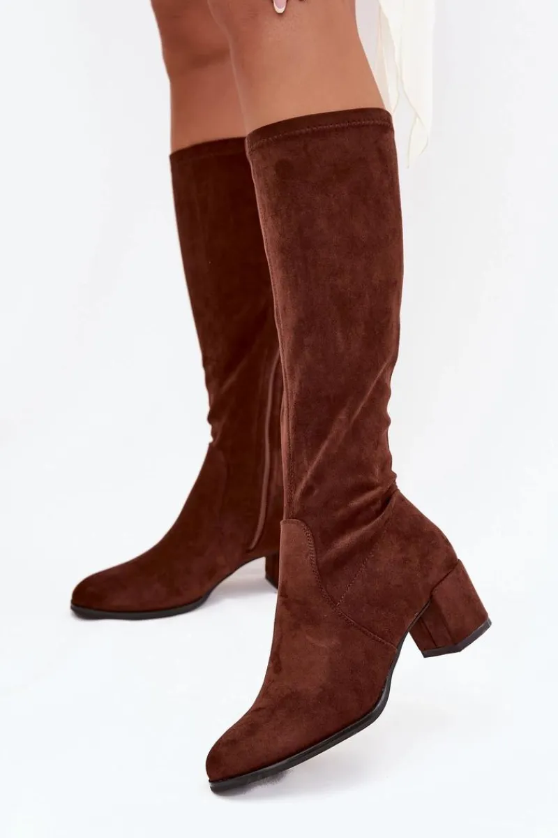 Klasyczne Eko Zamszowe Kozaki Sergio Leone KZ205 Ciemnobrązowe Damskie Kozaki Na Słupku|Kozaki Przed Kolano