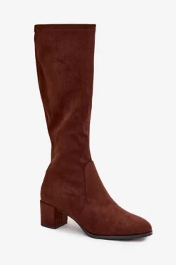 Klasyczne Eko Zamszowe Kozaki Sergio Leone KZ205 Ciemnobrązowe Damskie Kozaki Na Słupku|Kozaki Przed Kolano