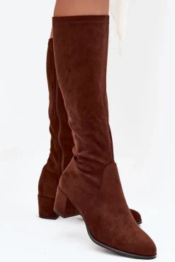 Klasyczne Eko Zamszowe Kozaki Sergio Leone KZ205 Ciemnobrązowe Damskie Kozaki Na Słupku|Kozaki Przed Kolano