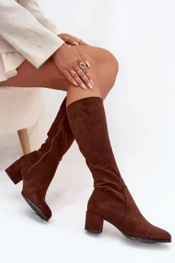 Klasyczne Eko Zamszowe Kozaki Sergio Leone KZ205 Ciemnobrązowe Damskie Kozaki Na Słupku|Kozaki Przed Kolano