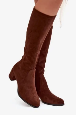 Klasyczne Eko Zamszowe Kozaki Sergio Leone KZ205 Ciemnobrązowe Damskie Kozaki Na Słupku|Kozaki Przed Kolano