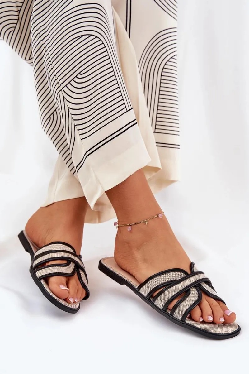 Clearance Boto Klasyczne Klapki Damskie Płaskie Beżowo-Czarne Scazze