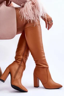 New Klasyczne Kozaki Na Słupku Camel Mayra Damskie Kozaki Przed Kolano|Kozaki Na Obcasie