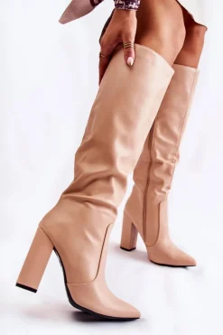 Hot Klasyczne Kozaki Na Słupku Nude Mayra Damskie Kozaki Przed Kolano|Kozaki Na Obcasie