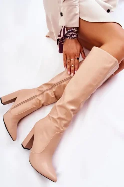 Hot Klasyczne Kozaki Na Słupku Nude Mayra Damskie Kozaki Przed Kolano|Kozaki Na Obcasie