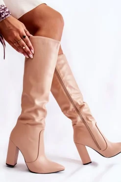 Hot Klasyczne Kozaki Na Słupku Nude Mayra Damskie Kozaki Przed Kolano|Kozaki Na Obcasie