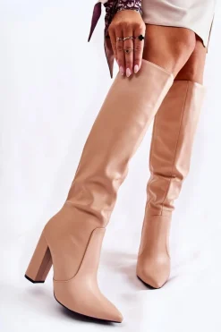 Hot Klasyczne Kozaki Na Słupku Nude Mayra Damskie Kozaki Przed Kolano|Kozaki Na Obcasie