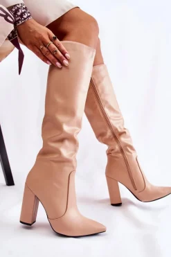 Hot Klasyczne Kozaki Na Słupku Nude Mayra Damskie Kozaki Przed Kolano|Kozaki Na Obcasie