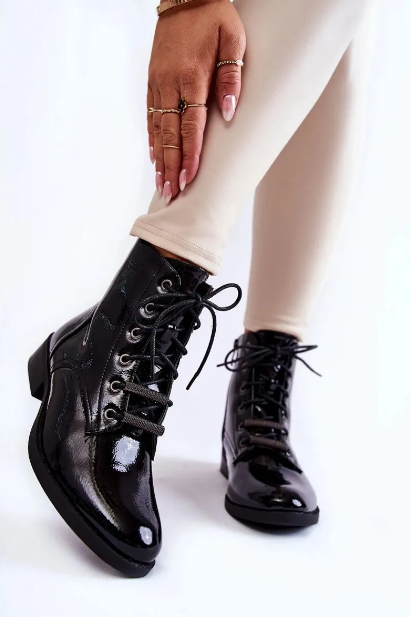 Botki Sznurowane|Czarne Botki>Damskie buty S.Barski Klasyczne Lakierowane Damskie Ocieplane Botki Czarne Grimma