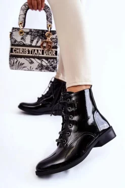 Botki Sznurowane|Czarne Botki>Damskie buty S.Barski Klasyczne Lakierowane Damskie Ocieplane Botki Czarne Grimma