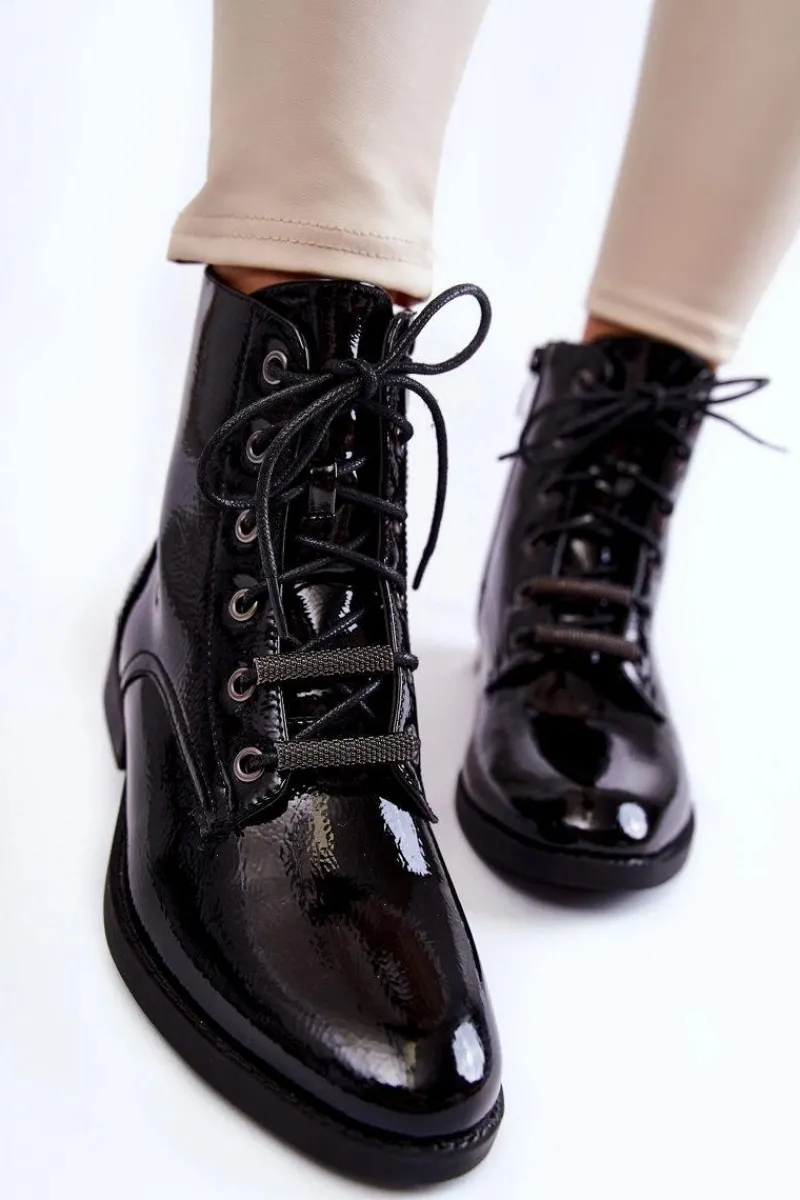 Botki Sznurowane|Czarne Botki>Damskie buty S.Barski Klasyczne Lakierowane Damskie Ocieplane Botki Czarne Grimma