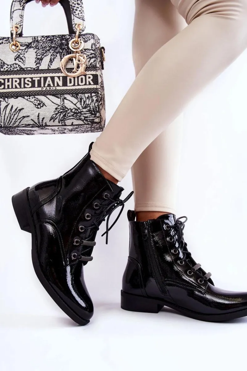 Botki Sznurowane|Czarne Botki>Damskie buty S.Barski Klasyczne Lakierowane Damskie Ocieplane Botki Czarne Grimma