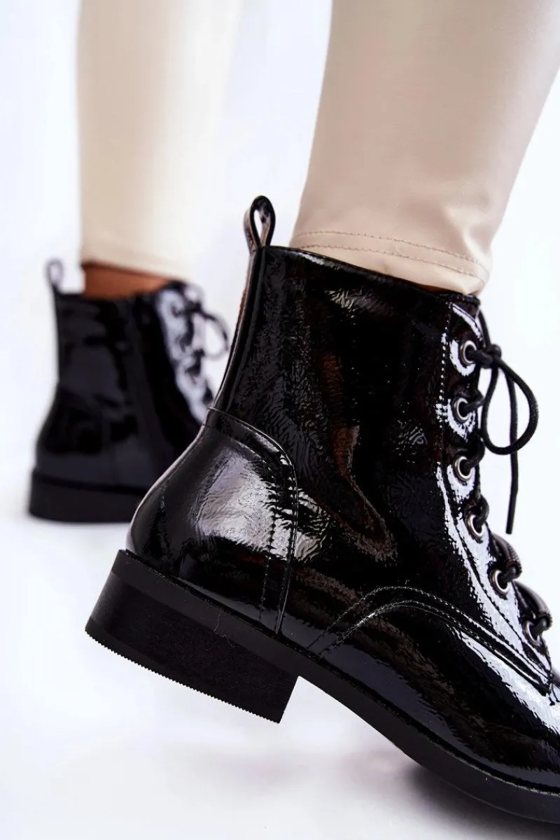 Botki Sznurowane|Czarne Botki>Damskie buty S.Barski Klasyczne Lakierowane Damskie Ocieplane Botki Czarne Grimma