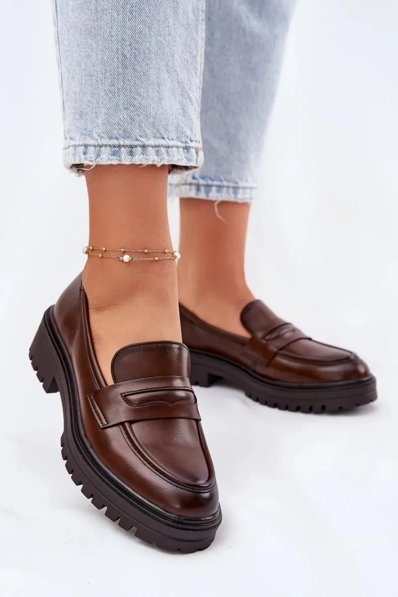 New Klasyczne Mokasyny Damskie Z Eko Skóry Brązowe Enticca Damskie Mokasyny Damskie Skórzane