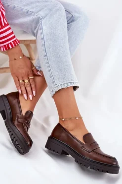 New Klasyczne Mokasyny Damskie Z Eko Skóry Brązowe Enticca Damskie Mokasyny Damskie Skórzane