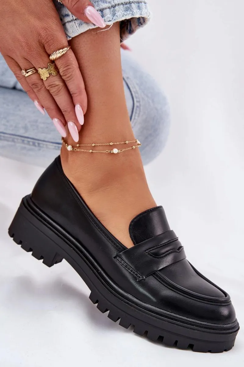 Mokasyny Damskie Skórzane>Evento Klasyczne Mokasyny Damskie Z Eko Skóry Czarne Enticca