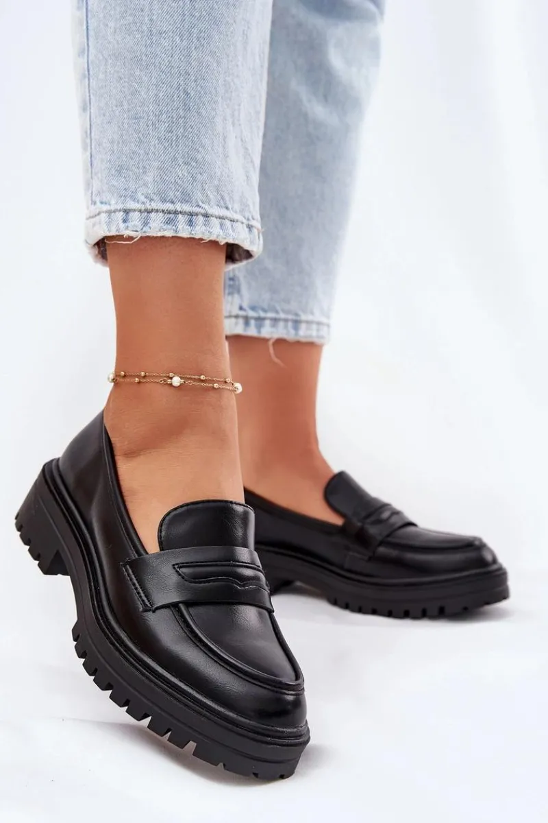 Mokasyny Damskie Skórzane>Evento Klasyczne Mokasyny Damskie Z Eko Skóry Czarne Enticca