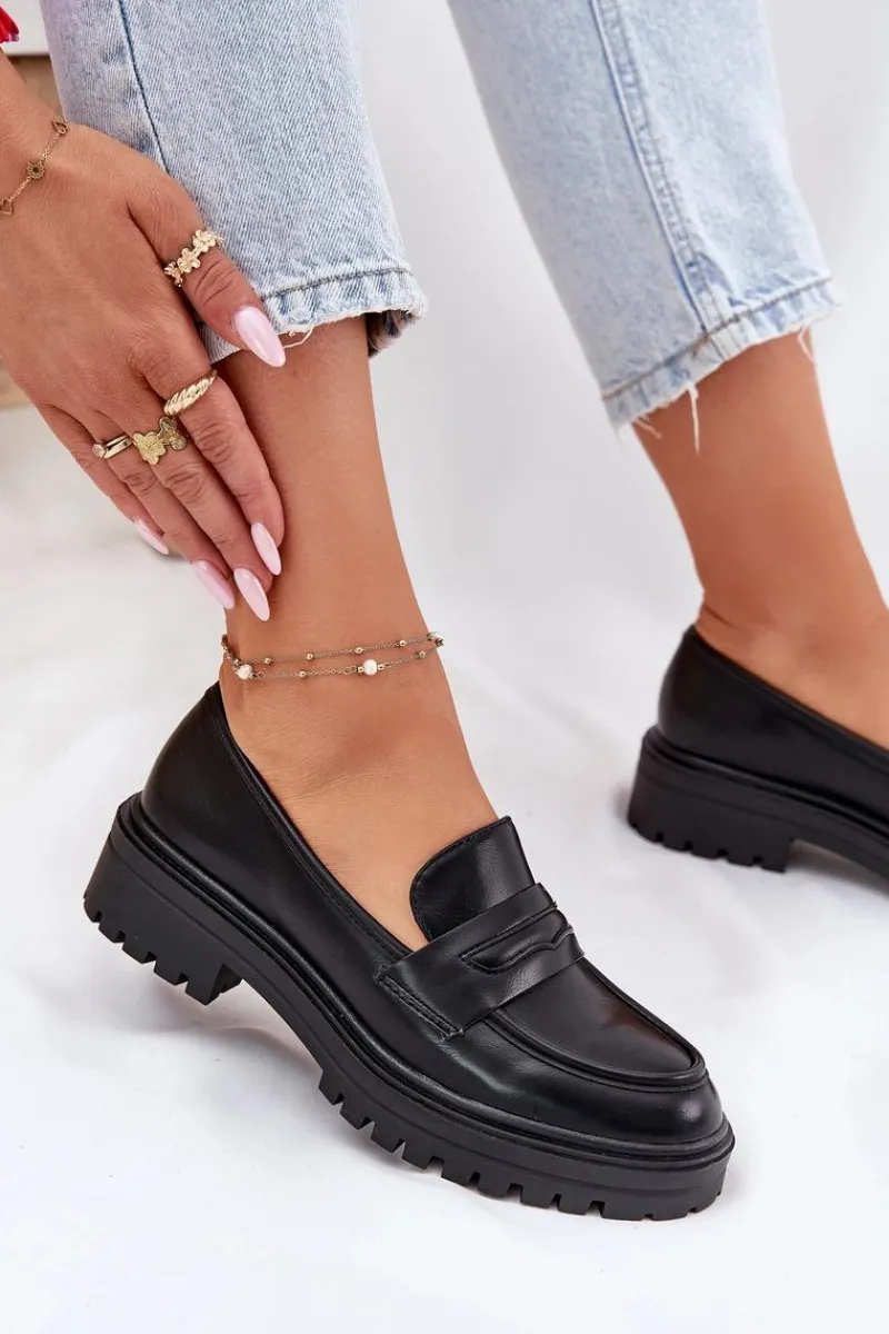 Mokasyny Damskie Skórzane>Evento Klasyczne Mokasyny Damskie Z Eko Skóry Czarne Enticca