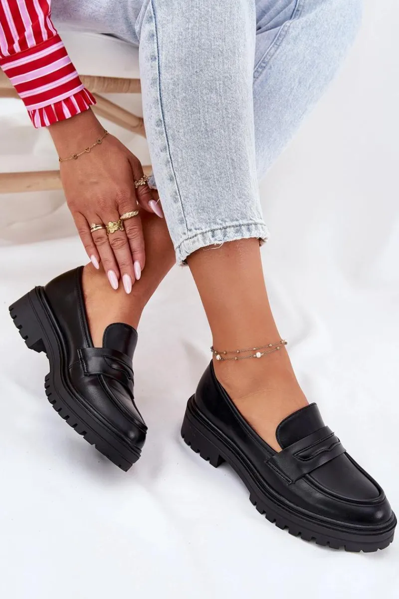 Mokasyny Damskie Skórzane>Evento Klasyczne Mokasyny Damskie Z Eko Skóry Czarne Enticca