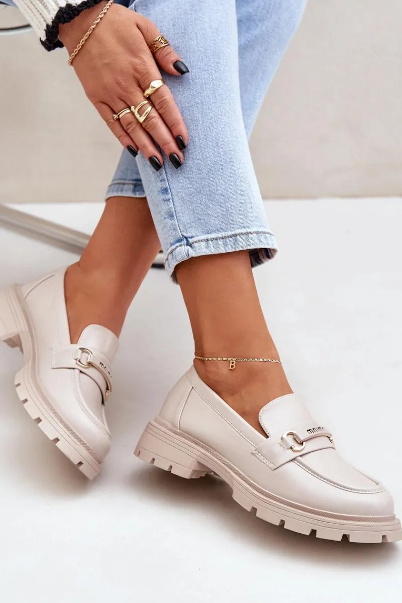 Sale Klasyczne Mokasyny Damskie Z Eko Skóry Beżowe Savethira Damskie Loafersy Damskie|Mokasyny Płaskie