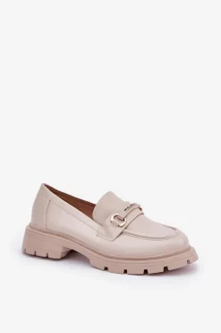 Sale Klasyczne Mokasyny Damskie Z Eko Skóry Beżowe Savethira Damskie Loafersy Damskie|Mokasyny Płaskie