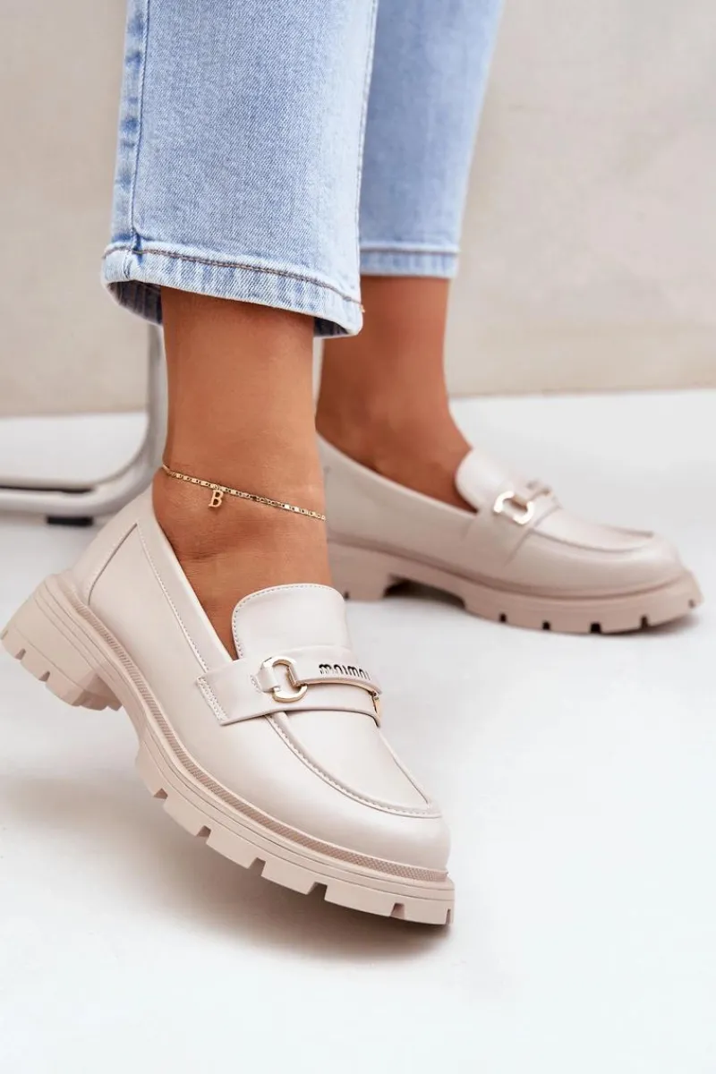 Sale Klasyczne Mokasyny Damskie Z Eko Skóry Beżowe Savethira Damskie Loafersy Damskie|Mokasyny Płaskie