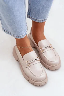 Sale Klasyczne Mokasyny Damskie Z Eko Skóry Beżowe Savethira Damskie Loafersy Damskie|Mokasyny Płaskie