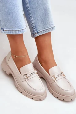 Sale Klasyczne Mokasyny Damskie Z Eko Skóry Beżowe Savethira Damskie Loafersy Damskie|Mokasyny Płaskie