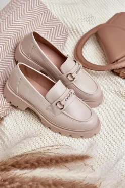 Sale Klasyczne Mokasyny Damskie Z Eko Skóry Beżowe Savethira Damskie Loafersy Damskie|Mokasyny Płaskie