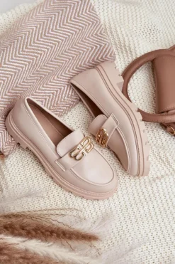 Sale Klasyczne Mokasyny Damskie Z Eko Skóry Beżowe Savethira Damskie Loafersy Damskie|Mokasyny Płaskie