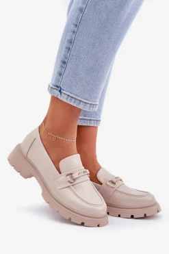 Sale Klasyczne Mokasyny Damskie Z Eko Skóry Beżowe Savethira Damskie Loafersy Damskie|Mokasyny Płaskie